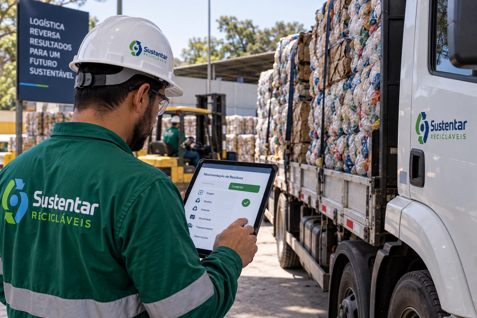Profissional conferindo documentação de transporte de resíduos