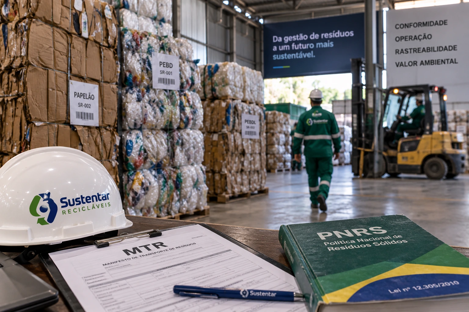 Materiais recicláveis organizados em operação empresarial de gestão de resíduos