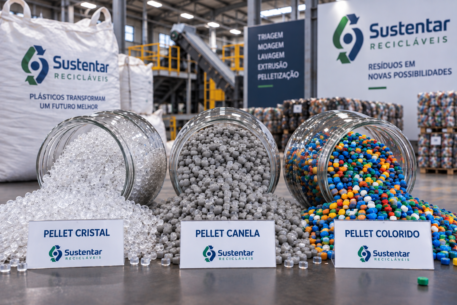 pellets reciclados de PEBD e PEBDL nas variações Cristal, Canela e Colorido