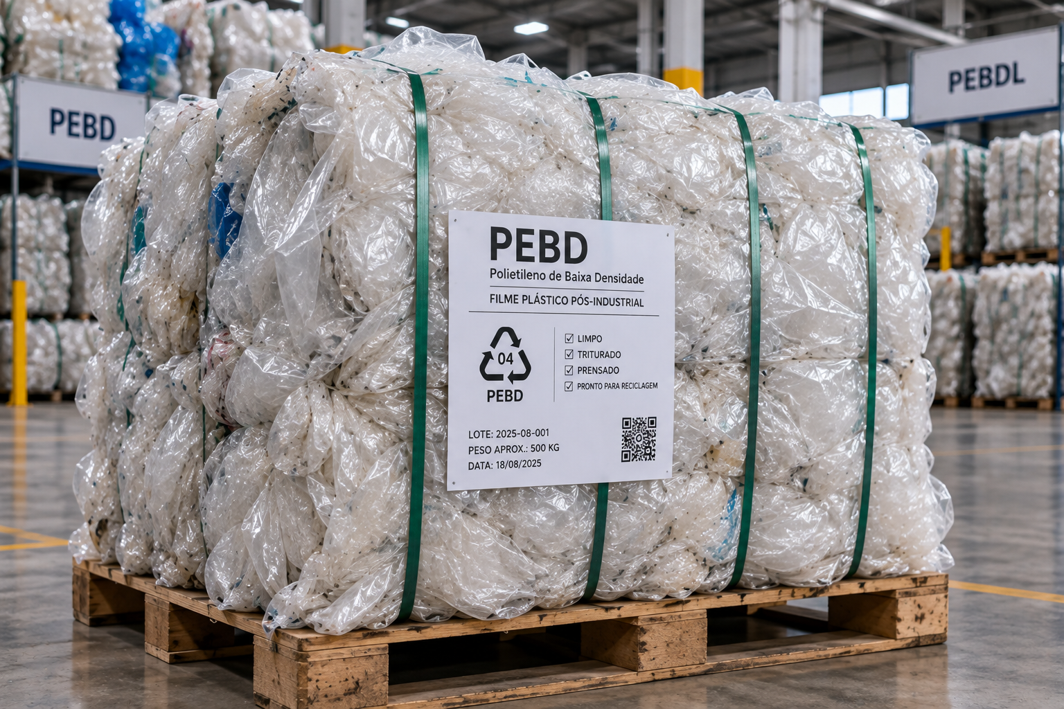 fardo industrial de PEBD identificado, mostrando padrão de acondicionamento.