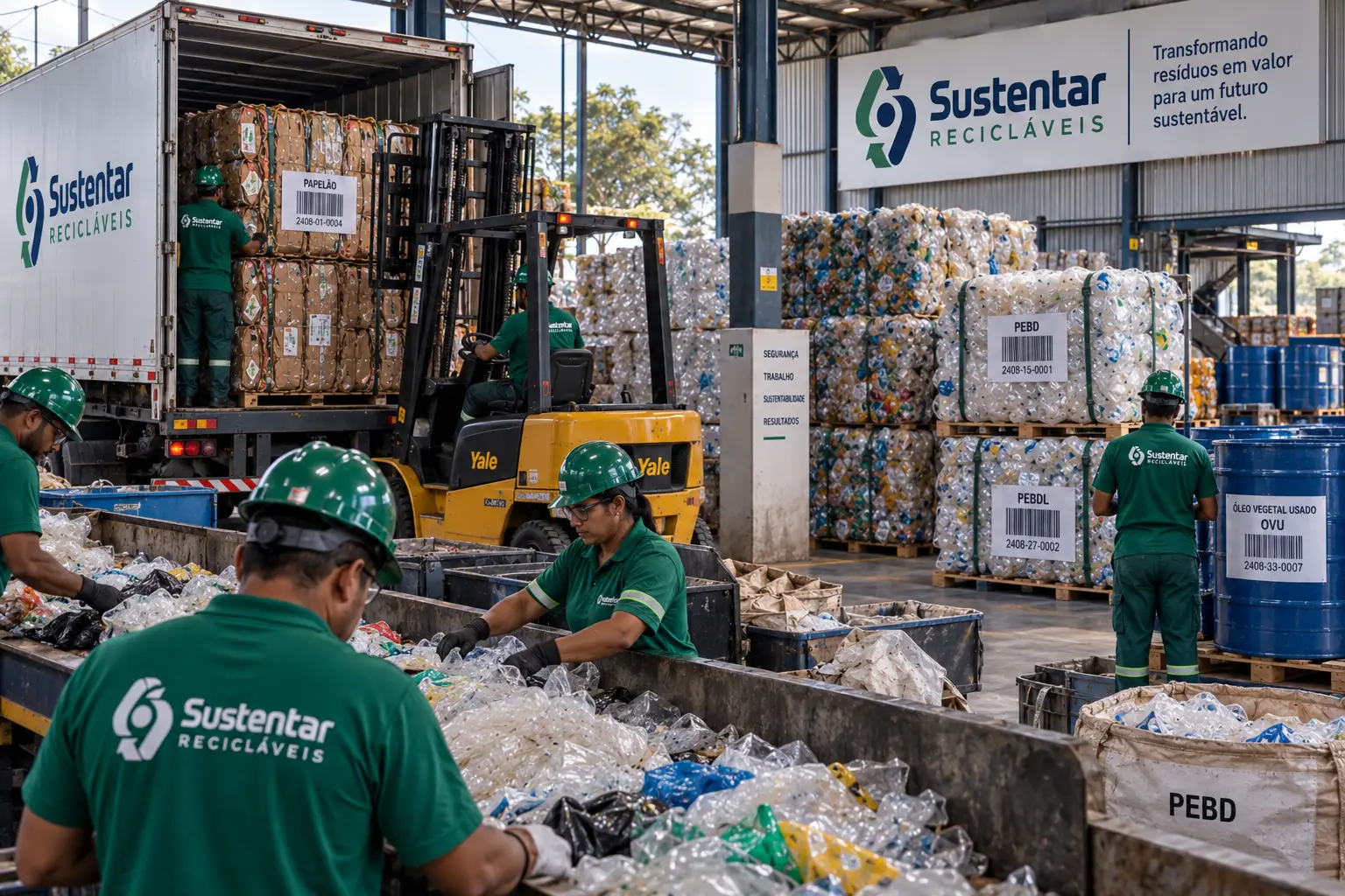 Operação de logística reversa de materiais recicláveis em ambiente empresarial.